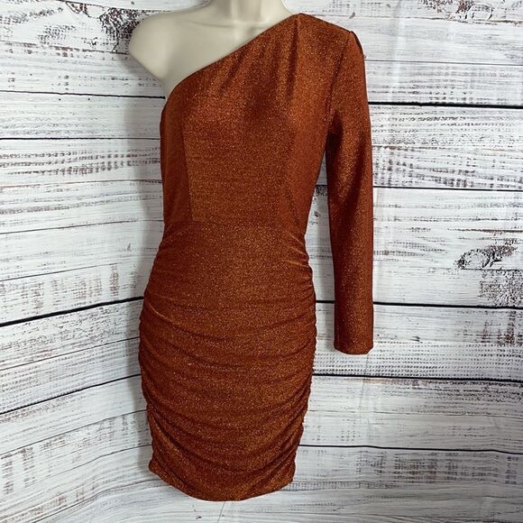 Abyss by abby Dress Womens Small one sleeve ruched back zipper Metallic Bodycon - Picture 2 of 14